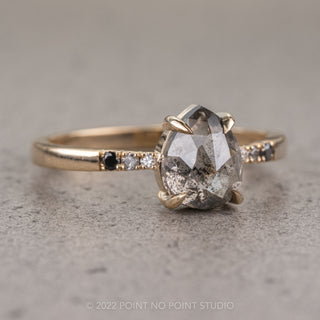 1.37 Carat Salt and Pepper Pear Diamond Engagement Ring, Ombre Tapered Jules Setting, 14K Yellow Gold