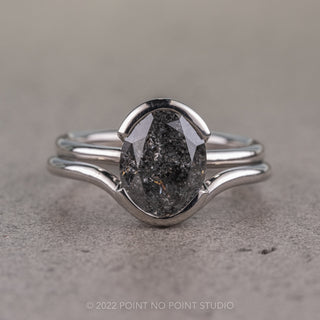 2.79 Carat Black Speckled Oval Diamond Engagement Ring, Shay Setting, 14k White Gold