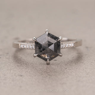 1.39 Carat Salt and Pepper Hexagon Diamond Engagement Ring, Mauve Setting, 14k White Gold