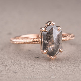 1.92 Carat Salt and Pepper Hexagon Diamond Engagement Ring, Engraved Jane Setting, 14K Rose Gold