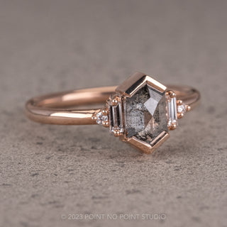 1.34 Carat Salt and Pepper Hexagon Diamond Engagement Ring, Betty Setting, 14K Rose Gold