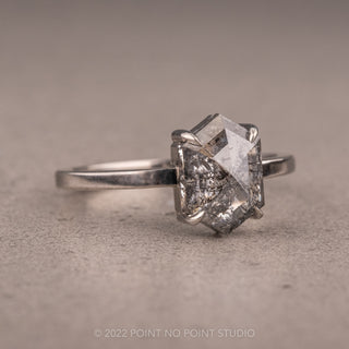 2.55 Carat Salt and Pepper Hexagon Diamond Engagement Ring, Jane Setting, 14K White Gold