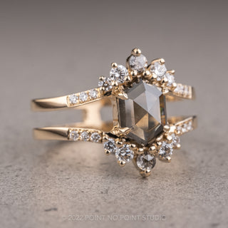 1.68 Carat Salt and Pepper Hexagon Diamond Engagement Ring, Empress Setting, 14K Yellow Gold