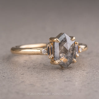 1.55 Carat Salt and Pepper Hexagon Diamond Engagement Ring, Betty Setting, 14K Yellow Gold