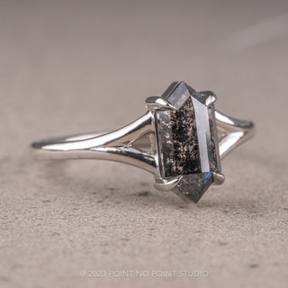 1 Carat Black Speckled Hexagon Diamond Engagement Ring, Split Shank Jane Setting, 14K White Gold