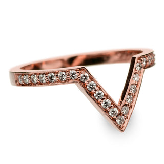 Side view of Victoria 14K rose gold ring embedded with shining bead set diamonds