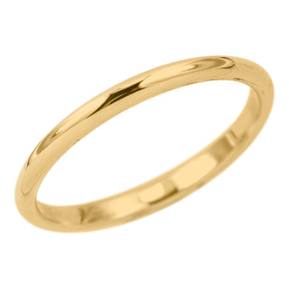 Close up image of a 2mm wide, 1.7mm thick, 14k yellow gold half round wedding band, displaying its polished surface