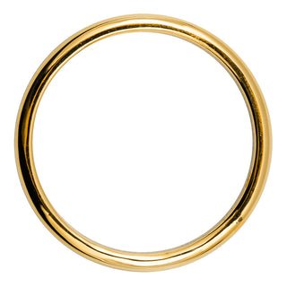 High resolution image of a 2mm wide 14k yellow gold half round wedding band, emphasizing the thickness of 1.7mm and polished surface
