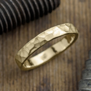 4mm 14k Yellow Gold Mens Wedding Ring, Hammered - Point No Point Studio - 1