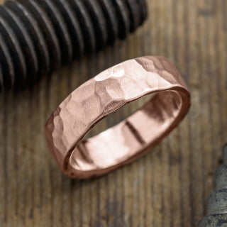 Exquisite 6mm 14k Rose Gold Mens Wedding Band showcasing a hammered matte finish