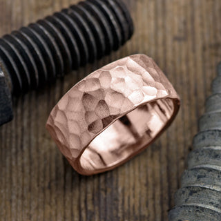 10mm 14k Rose Gold Mens Wedding Band featuring a Hammered Matte finish viewed from the top