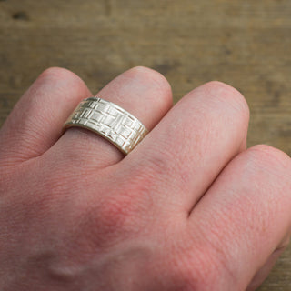 Stylish men's wedding ring, 10mm in width, made of 14k textured matte white gold