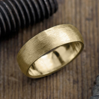 8mm Yellow Gold Mens Wedding Band with half round matte finish, viewed from the top