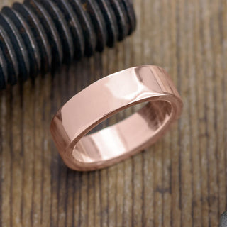 6mm 14k Rose Gold Mens Wedding Band, Polished in a showcase