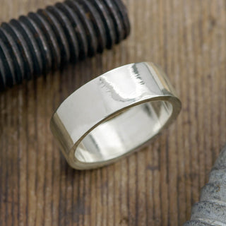 14K White Gold Men's Wedding band in a high polish finish, 8mm size displayed on a light background