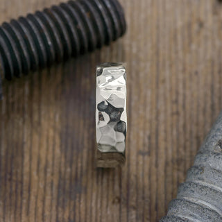 Detailed view of Hammered texture on a 14k White Gold Mens Wedding Band