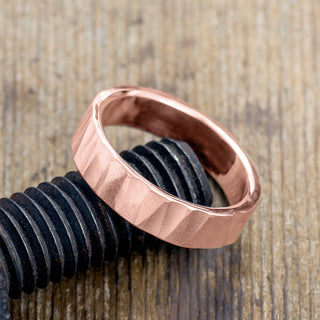 Profile View of 14k Rose Gold Wedding Band for Men, Wood Grain Texture, Matte Finish