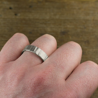 Stylish 6mm Men's Wedding Band in 14k White Gold, presented with a stunning Wood Grain Matte surface detail