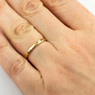 14k yellow gold rectangle wedding band, hammered polished, back view, yellow gold variant