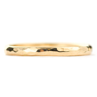 Distinctive 2mm Wide by 1.7mm Thick, 14k Yellow Gold Half Round Wedding Band in a Hammered Polished style
