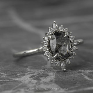 1.49 Carat Black Speckled Oval Diamond Engagement Ring, Cosette Setting, Platinum