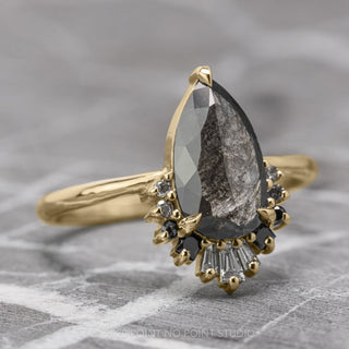 1.29 Carat Black Speckled Pear Diamond Engagement Ring, Ombre Wren Setting, 14K Yellow Gold