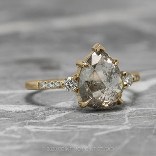 3.16 Carat Salt and Pepper Pear Diamond Engagement Ring, Eliza Setting, 14K Yellow Gold