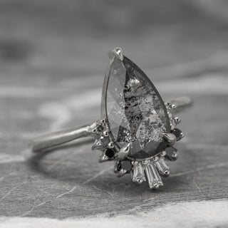 2.60 Carat Black Speckled Pear Diamond Engagement Ring, Ombre Wren, 14K White Gold
