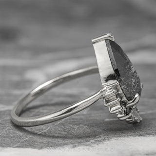 2.60 Carat Black Speckled Pear Diamond Engagement Ring, Ombre Wren Setting, 14K White Gold