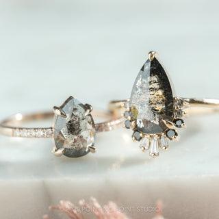 2.60 Carat Black Speckled Pear Diamond Engagement Ring, Ombre Wren Setting, 14K Yellow Gold