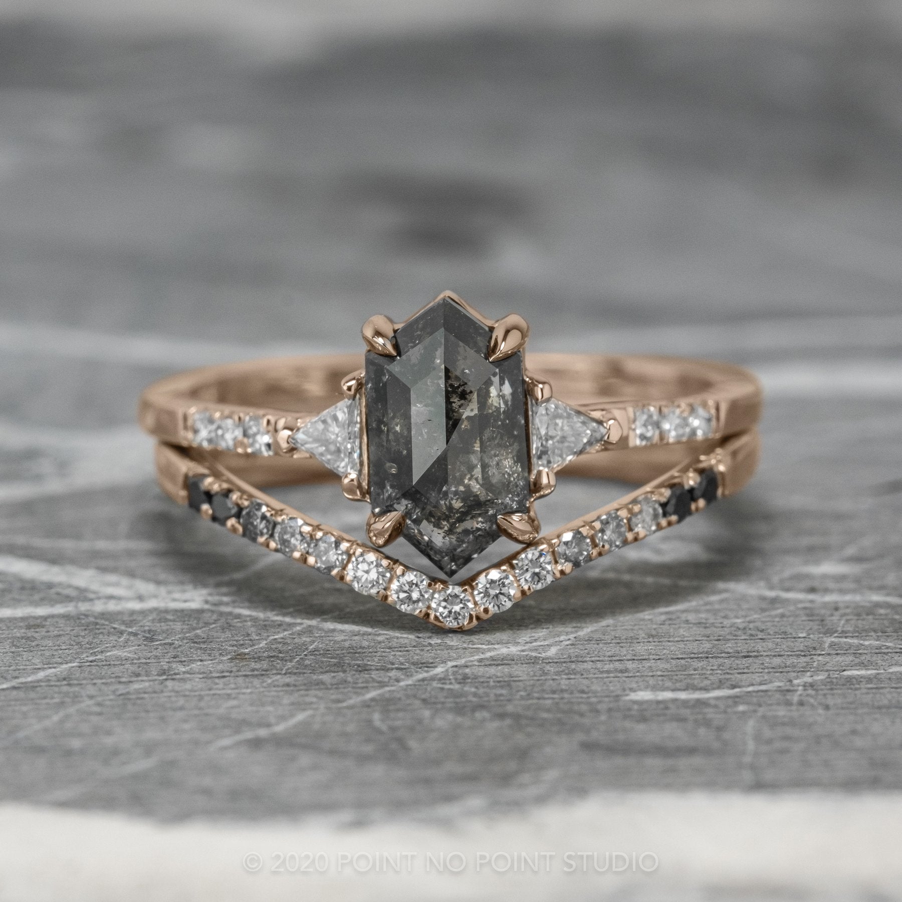 1.87 Carat Black Speckled Hexagon Diamond Engagement Ring, Eliza Setting,  14K Rose Gold