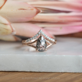 1.37 Carat Black Speckled Pear Diamond Engagement Ring, Split Shank Jane, 14K Rose Gold