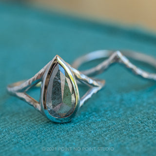 Custom Bezel Pear Hammered Engagement Ring & Wedding Band Set