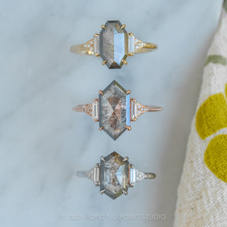 3 Carat Salt and Pepper Hexagon Diamond Engagement Ring, Azalea Setting, 14K White Gold