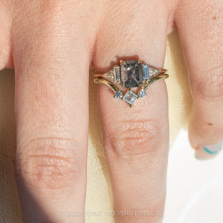 1.73 Carat Salt and Pepper Emerald Diamond Engagement Ring, Azalea Setting, 14K Yellow Gold