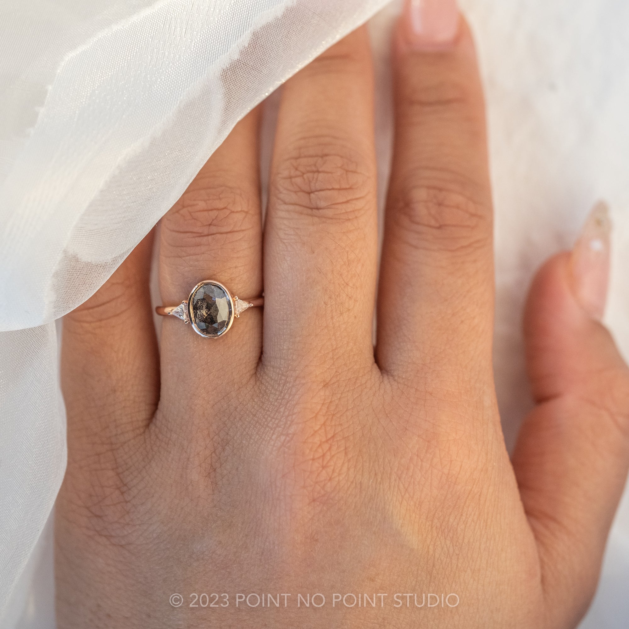 Salt and Pepper Oval Diamond Engagement Ring, Point No Point Studio