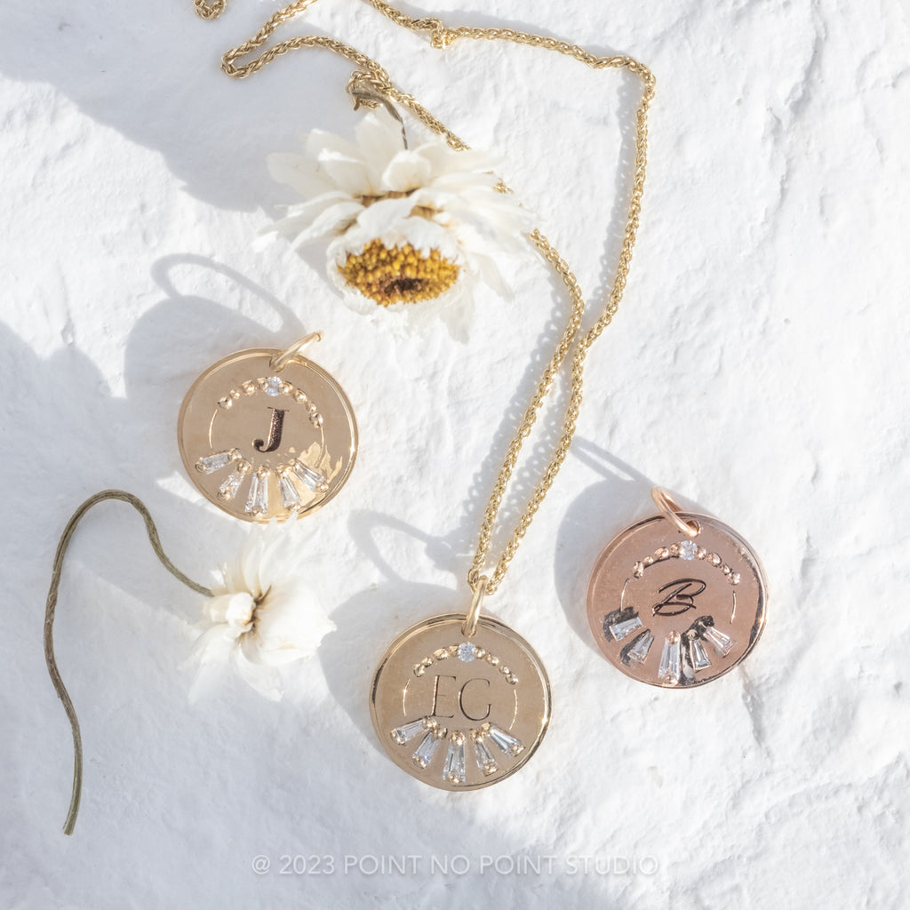 14k Gold Engraved Poppy Single Initial with Diamonds Large Round Charm ...