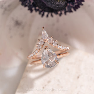Icy White Round Rose Cut And Kite Diamond Wedding Ring, Cassiopeia Setting, 14K Rose Gold