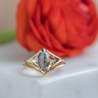 1.17 Carat Black Speckled Marquise Diamond Engagement Ring, Split Shank Jane Setting, 14K Yellow Gold