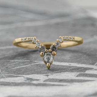 Pear Rose Cut & Round Salt & Pepper Diamond Wedding Ring, Cassiopeia Setting, 14K Yellow Gold