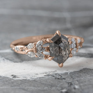 2.13 Carat Black Speckled Hexagon Diamond Engagement Ring, Winnie Setting, 14K Rose Gold