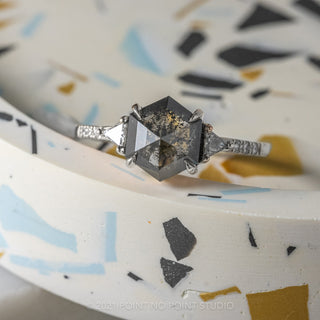 1.43tcw Black Speckled Hexagon Diamond Engagement Ring, Eliza Setting, Platinum