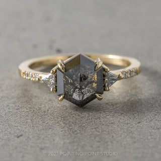 1.43 Carat Black Speckled Hexagon Diamond Engagement Ring, Eliza Setting, 14K Yellow Gold