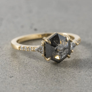 1.43 Carat Black Speckled Hexagon Diamond Engagement Ring, Eliza Setting, 14K Yellow Gold