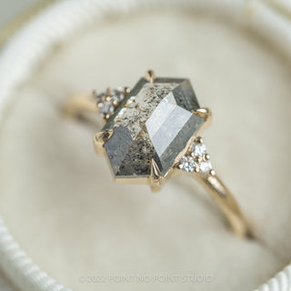 1.46 Carat Salt and Pepper Hexagon Engagement Ring, Quinn Setting, 14K Yellow Gold
