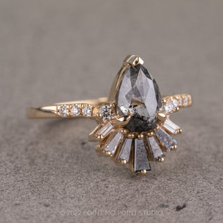 1.39 Carat Salt and Pepper Pear Diamond Engagement Ring, Ombre Wren Setting, 14K Yellow Gold