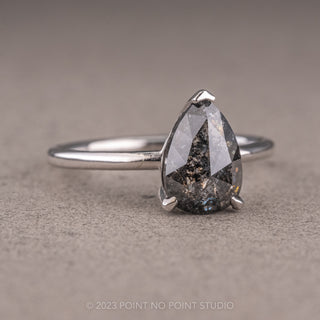 1.80 Carat Black Speckled Pear Diamond Engagement Ring, Jane Setting, 14K White Gold