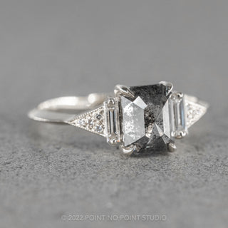 1.73 Carat Salt and Pepper Emerald Diamond Engagement Ring, Azalea Setting, 14K White Gold