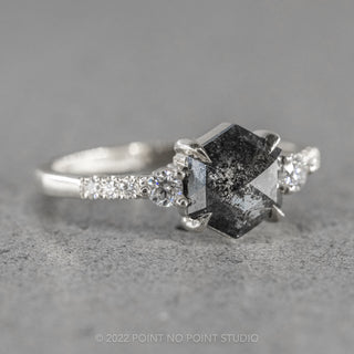 1.87 Carat Black Speckled Hexagon Diamond Engagement Ring, Eliza Setting, 14K White Gold