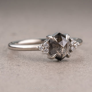 .87 Carat Salt and Pepper Hexagon Diamond Engagement Ring, Quinn Setting, 14K White Gold